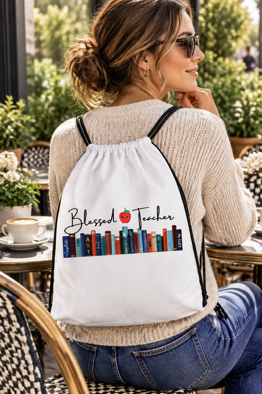 Blessed Teacher White Drawstring Backpack