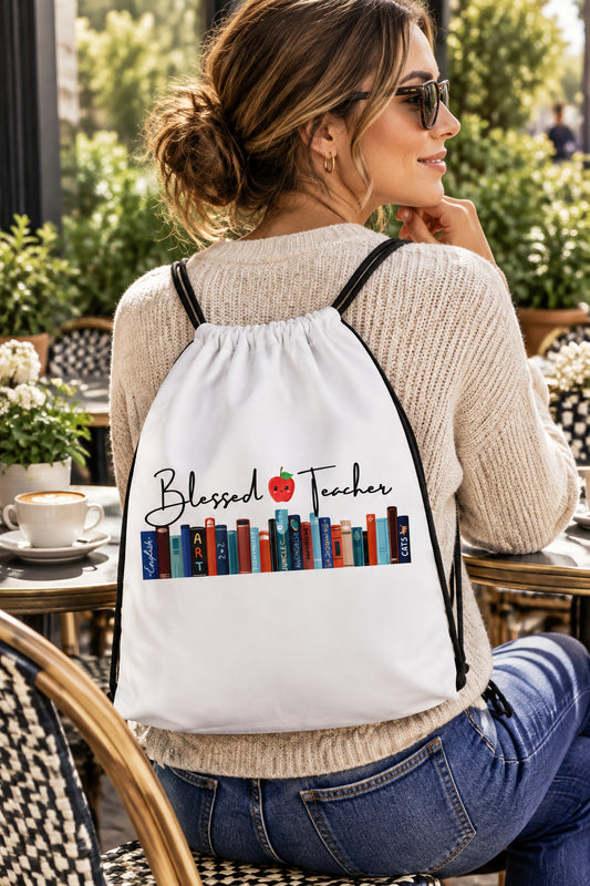 Blessed Teacher White Drawstring Backpack