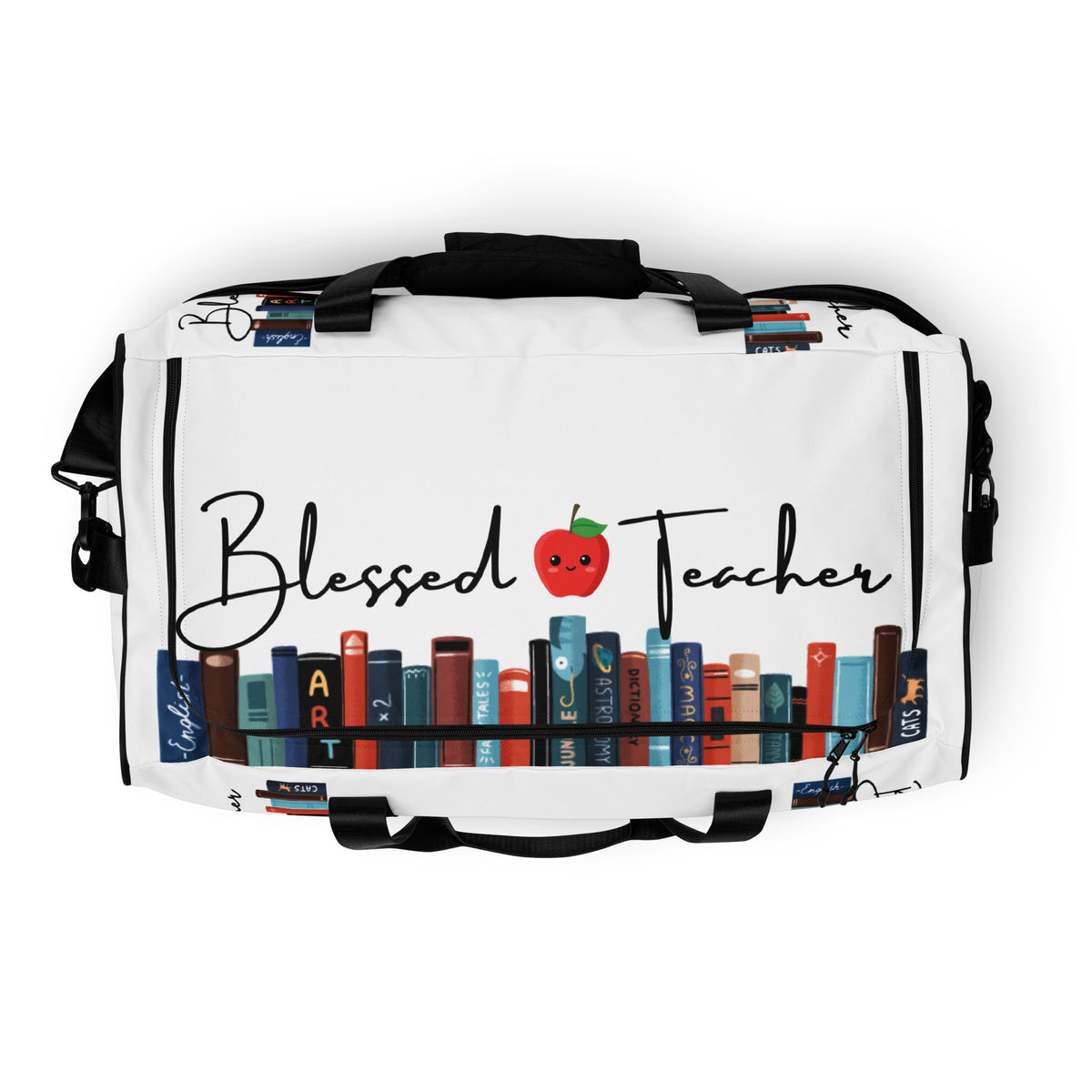 Blessed Teacher White Duffle Bag (Top View)