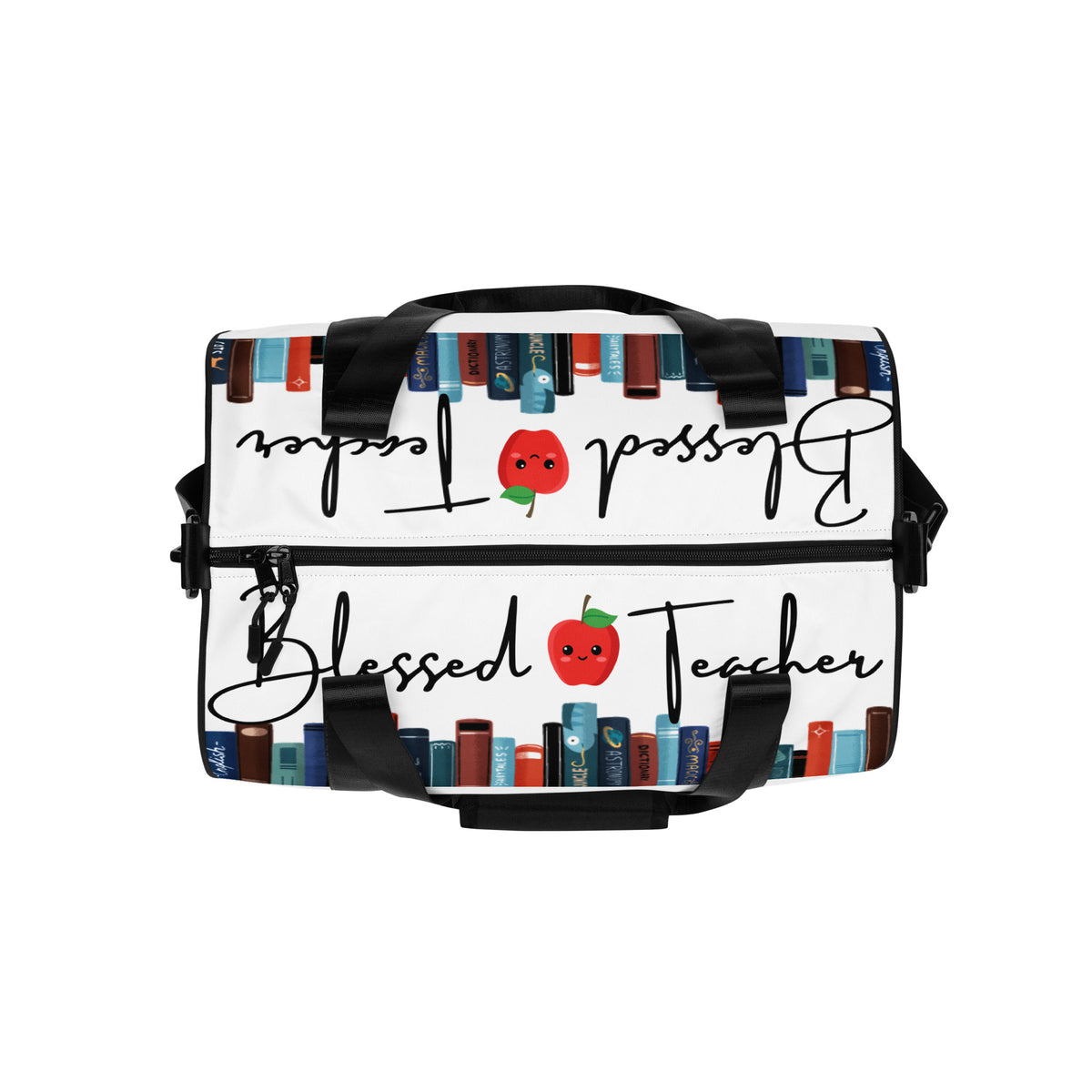 Blessed Teacher White Gym Bag (Top View)