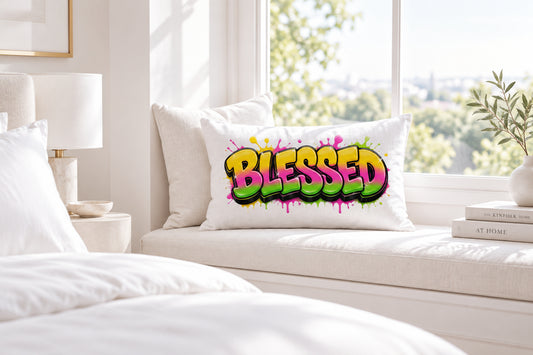 Blessed Yellow, Pink, and Green Gradient - White Premium Decor Pillow 20 x 12 