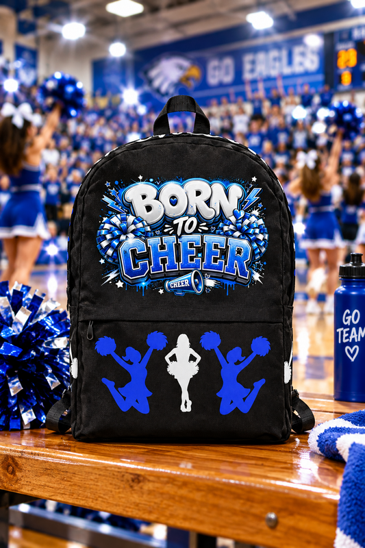 Born to Cheer Backpack (Black, Blue, & White) (Front View)