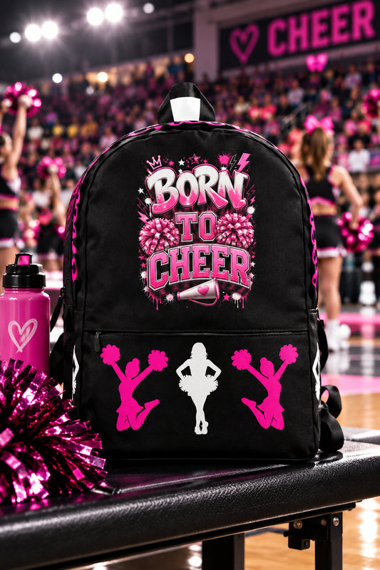 Born to Cheer Backpack (Black, Pink & White) (Front View)