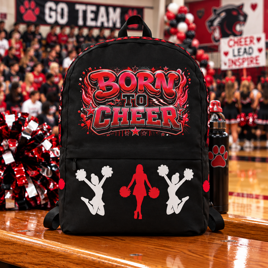 Born to Cheer Backpack (Black, Red & White) (Front View)