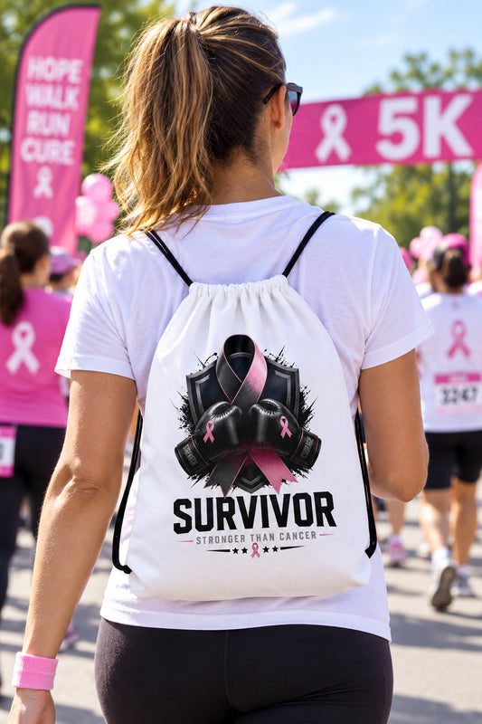Cancer Awareness White Drawstring Bag