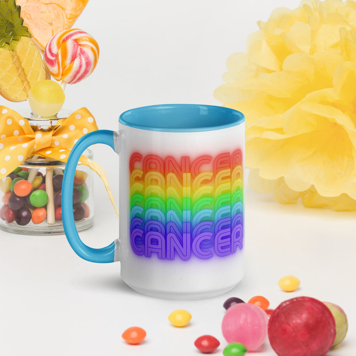 Cancer Rainbow - White-Ceramic-Mug-with-Blue Color-Trim-15-oz-Left View