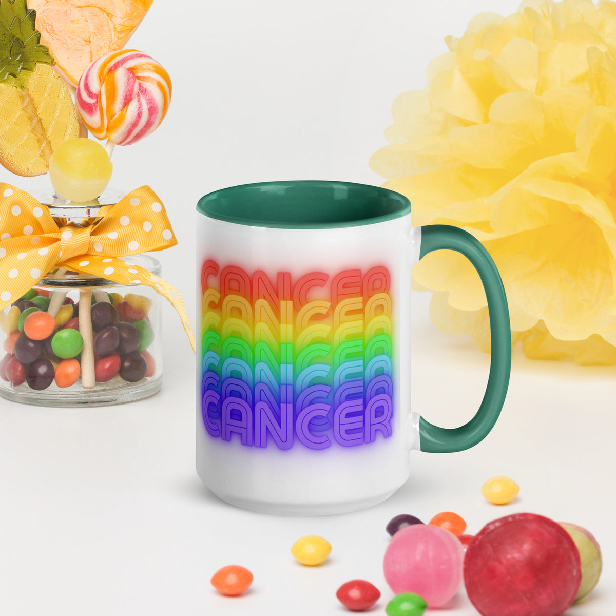 Cancer Rainbow - White-Ceramic-Mug-with-Dark Green Color-Trim-15-oz-Right View