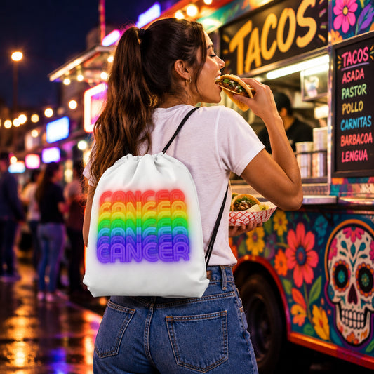 Cancer Rainbow - White Drawstring-Bag (Woman Wearing View)