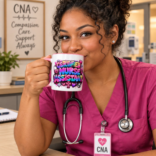 Certified Nurse Assistant Unicorn Color - White Mug with Pink Color Trim 11-oz (Left Handle View)