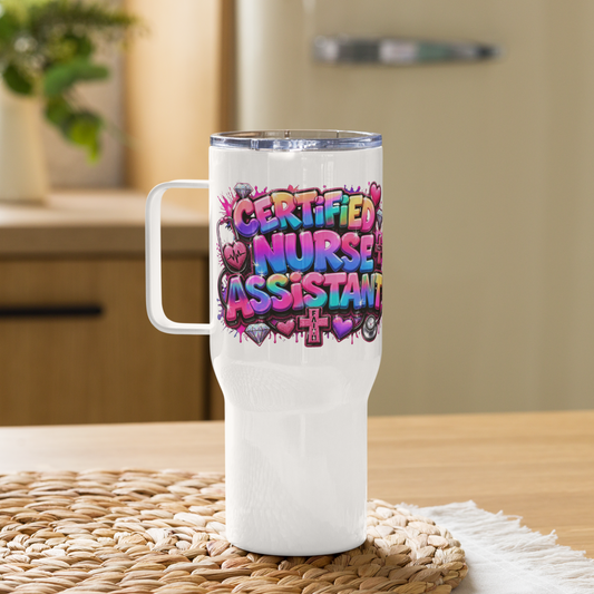 Certified Nurse Assistant Unicorn Colored - White Travel Mug with Handle - 25oz. (Right Handle View)