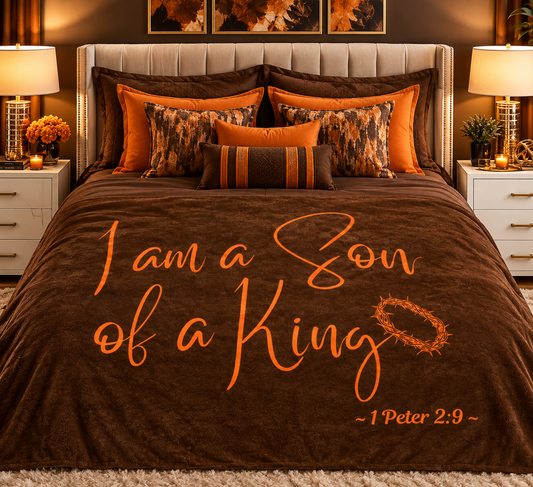I Am A Son of A King - Brown Signed in Orange Sherpa Blanket