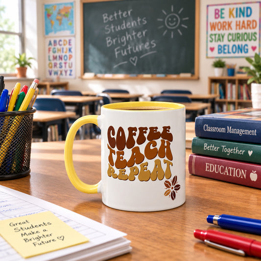 Coffee Teach Repeat Coffee White Mug with Yellow Color Trim & Handle - 11 oz. (Left Handle View)