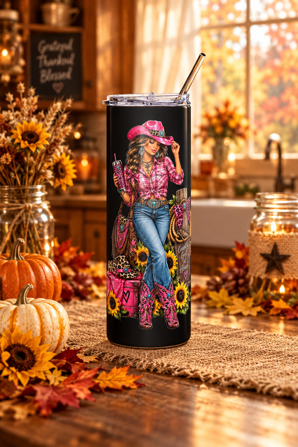 Country Girl at Heart Black Stainless Steel Tumbler 20 oz