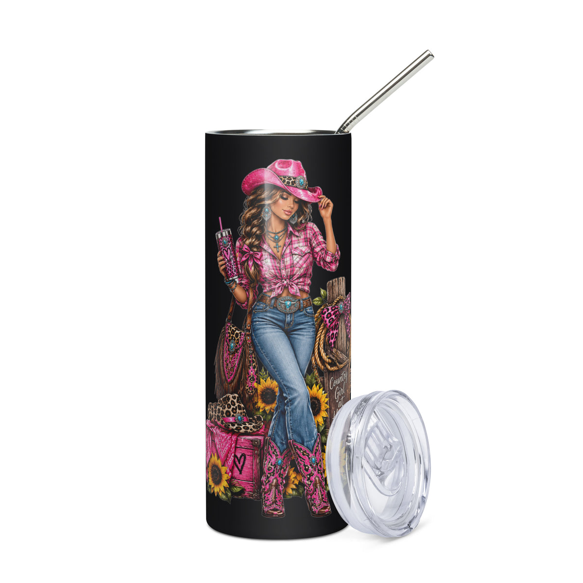 Country Girl at Heart Black Stainless Steel Tumbler 20 oz - Front View with Cap