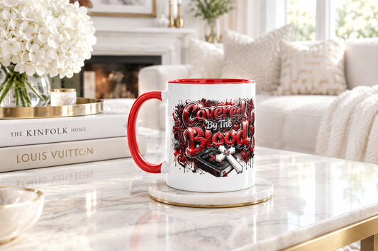 Covered By The Blood White Mug with Red Color Trim 11 oz - Left View