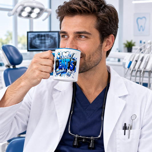 Dentist Blue and Black - White Mug with Blue Color Trim - 11 oz (Right Handle View)