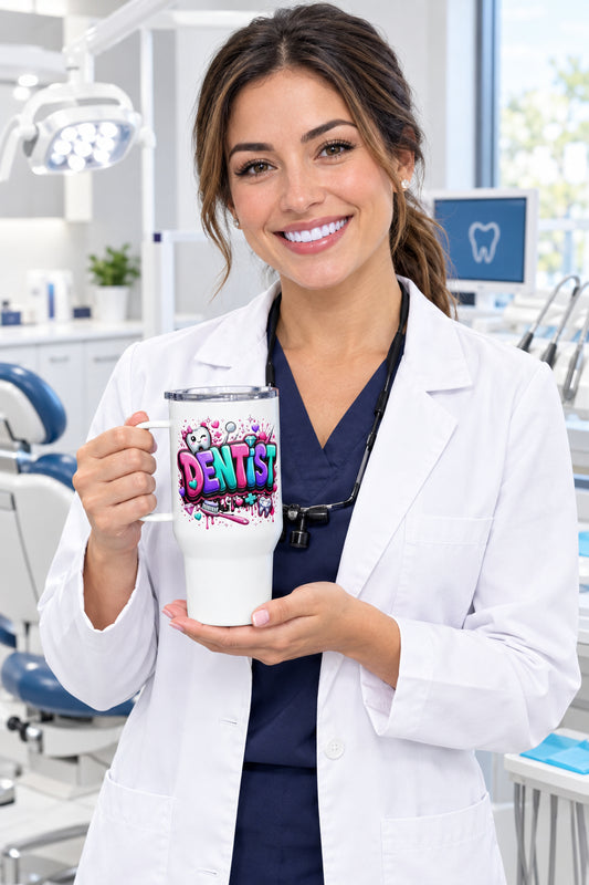 Dentist Unicorn Colored - White Travel Mug with Handle (Right Handle View)