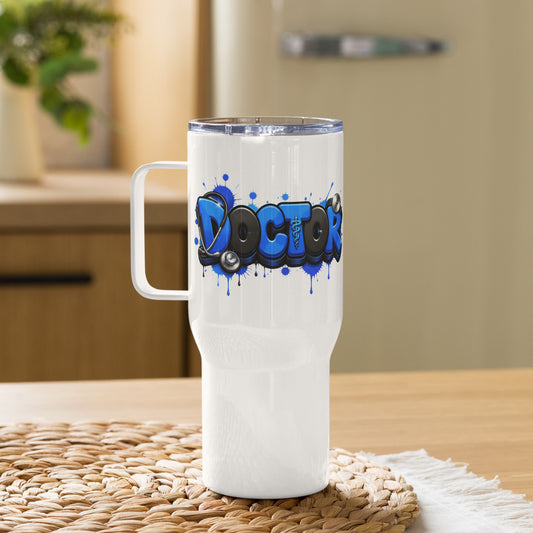 Doctor Blue, Black, and White Travel Mug with Handle 25-oz (Right Handle View)