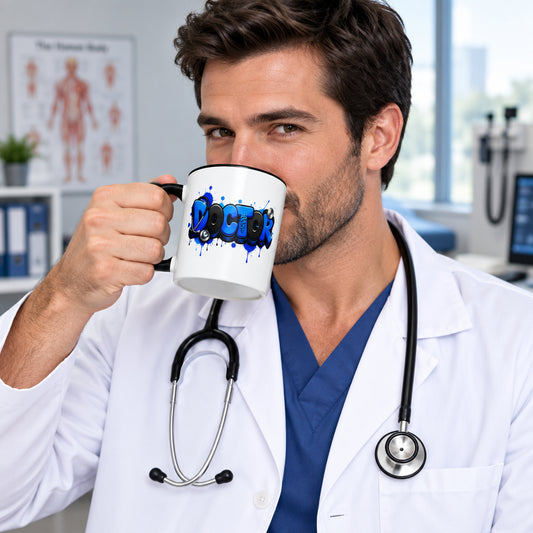 Doctor Blue and Black - White Mug with Black Color Trim 11-oz (Left Handle View)