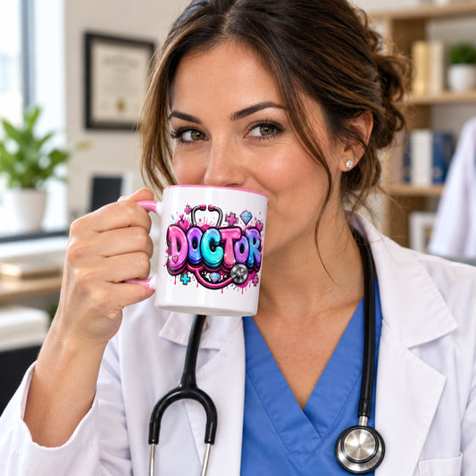 Doctor Unicorn Color - White Mug with Pink Color Trim 11-oz- (Left View)