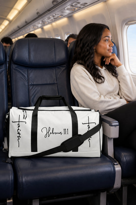 Faith - Hebrews 11: 1 White Duffle Bag - Front View