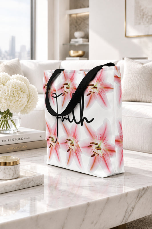 Faith - White Tote Bag with Pink Lily Flowers - Side View