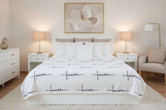 Faith Cross White Sherpa Blanket (60x80) (Bed View)