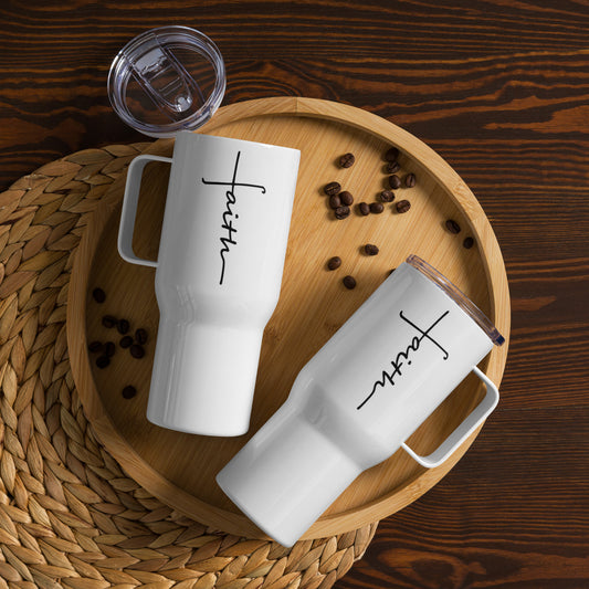 Faith Cross White Travel Mug with Handle 25oz
