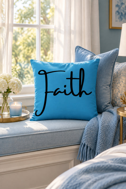 Faith & Hebrews 11: 1 - Deep Sky-Blue Throw Pillows (22 x 22 Front)