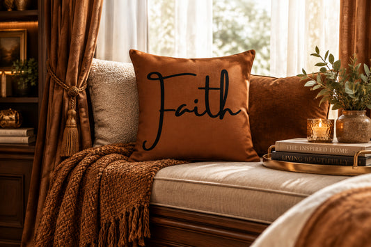 Faith & Hebrews 11: 1 - Saddle Brown Premium Throw Pillows (22 x 22 Front)