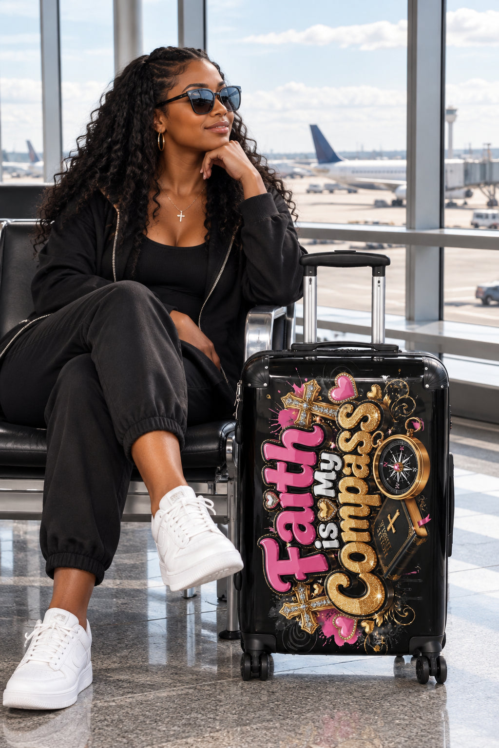 Faith is My Compass Pink and Gold suitcase-black-medium