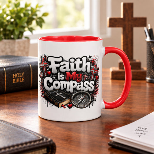 Faith is My Compass Red, Black and White Mug with Red Color Trim 11 oz - Right View