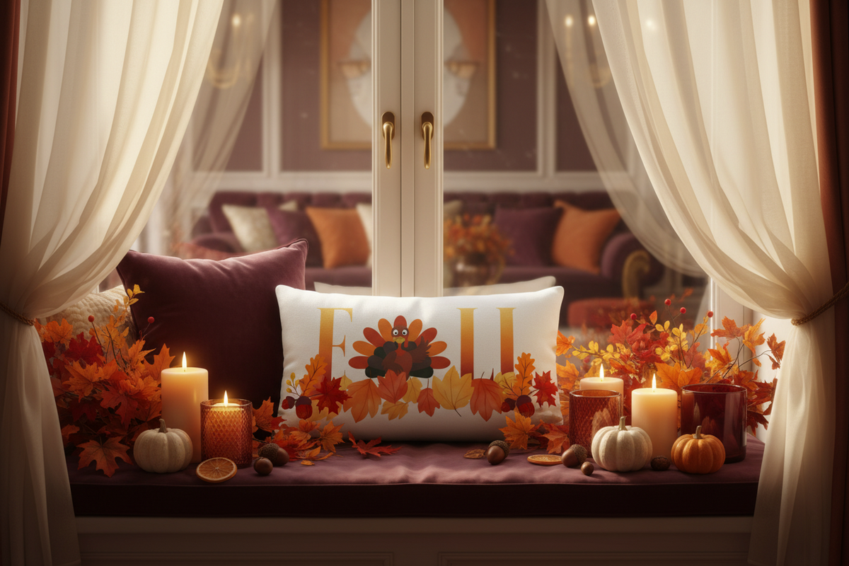 Fall with Turkey Decor Premium Pillow (Window Nook View)