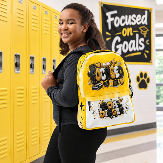 Focused Goal Digger Yellow & White Ombre Backpack (Female Carrying View)