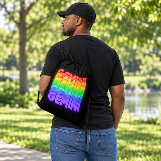 Gemini Rainbow - Black Drawstring Bag (Man Wearing View)