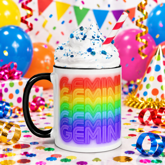 Gemini Rainbow - White Ceramic Mug with Black Color Trim 11 oz (Left View)