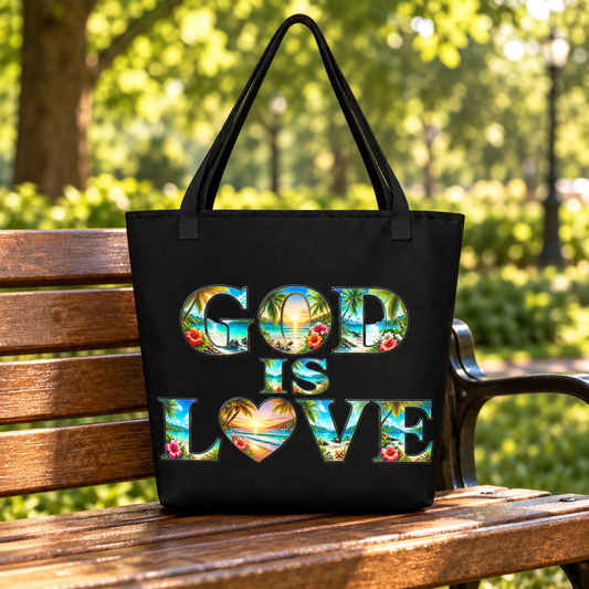 God is Love Tropical - Black Large Tote Bag