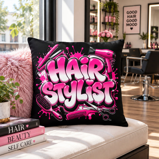 Hair Stylist Pink & White Ombre - Black Premium Decor Pillow 22 x 22