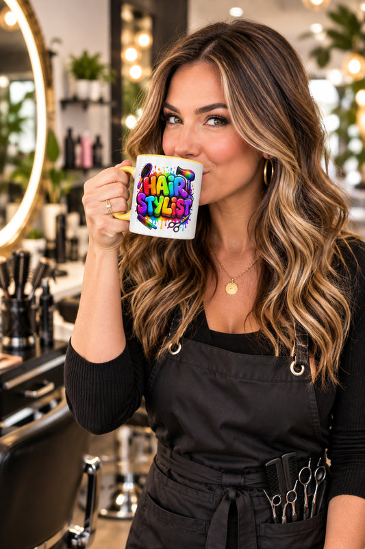 Hair Stylist Rainbow Ombre - White Mug with Yellow Color Trim - 11 oz - Right View