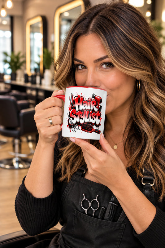 Hair Stylist Red & White Ombre - White Mug with Red Color Trim - 11 oz - Right View