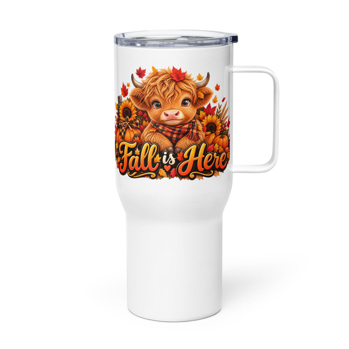 Highland Cow Fall is Here White Travel Mug with Handle - 25 oz (Left Handle View)