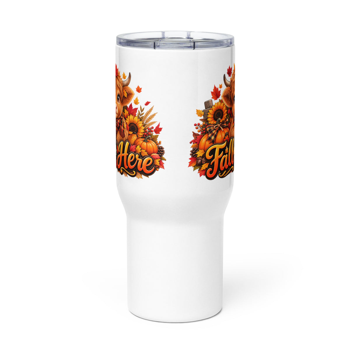 Highland Cow Fall is Here White Travel Mug with Handle - 25 oz (Side View)