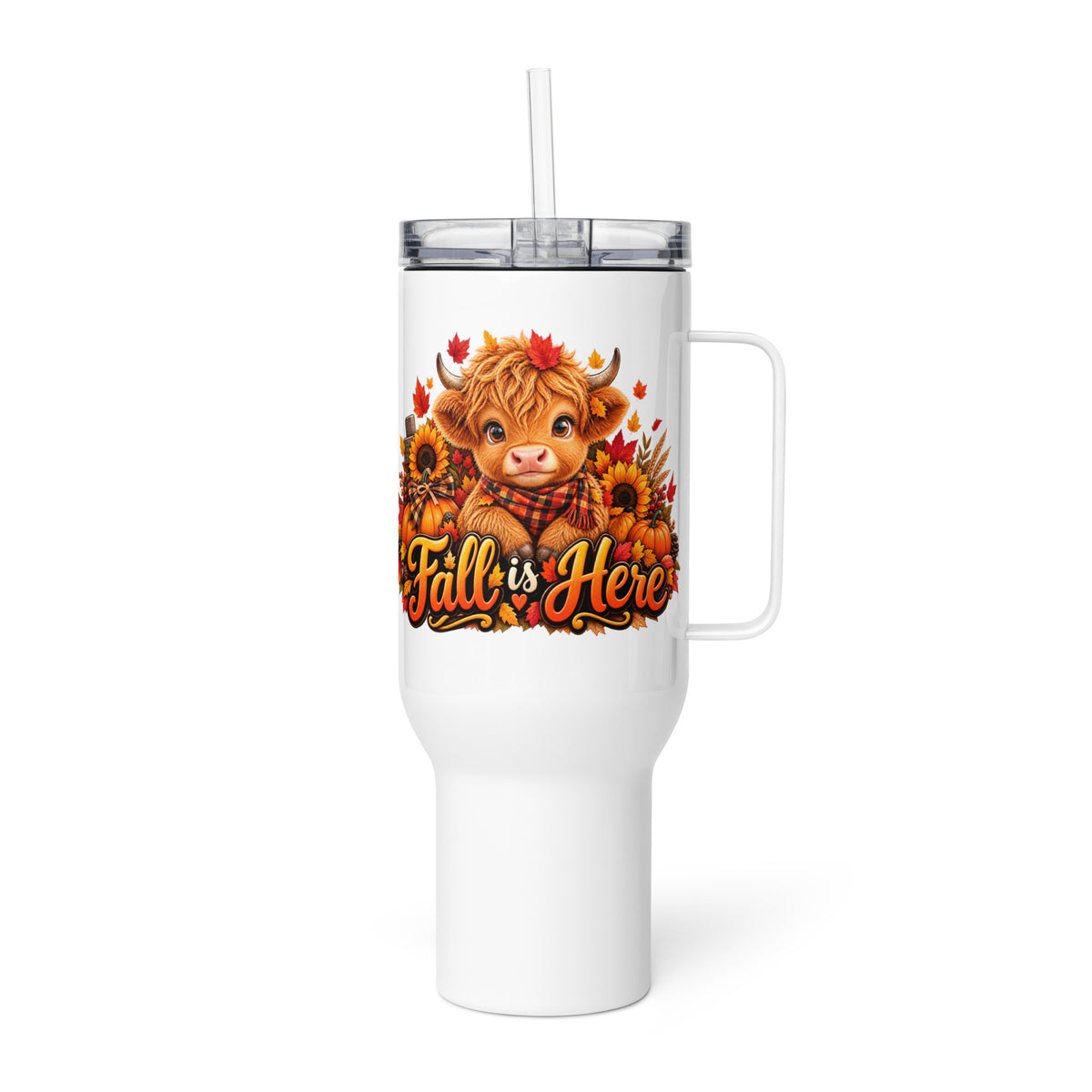 Highland Cow Fall is Here White Travel Mug with Handle - 40 oz (Left Handle View)