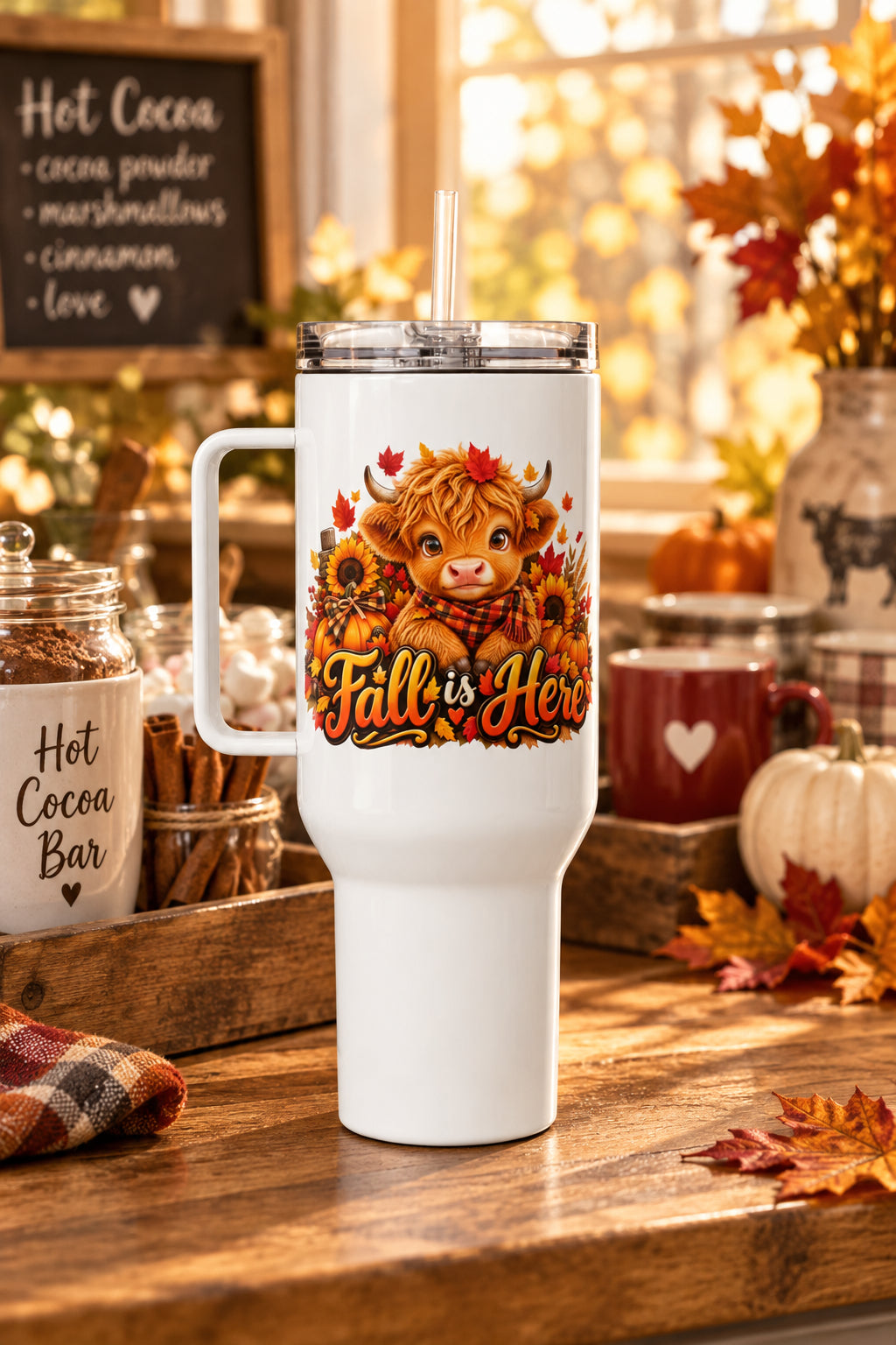 Highland Cow Fall is Here White Travel Mug with Handle - 40 oz (Right Handle View)