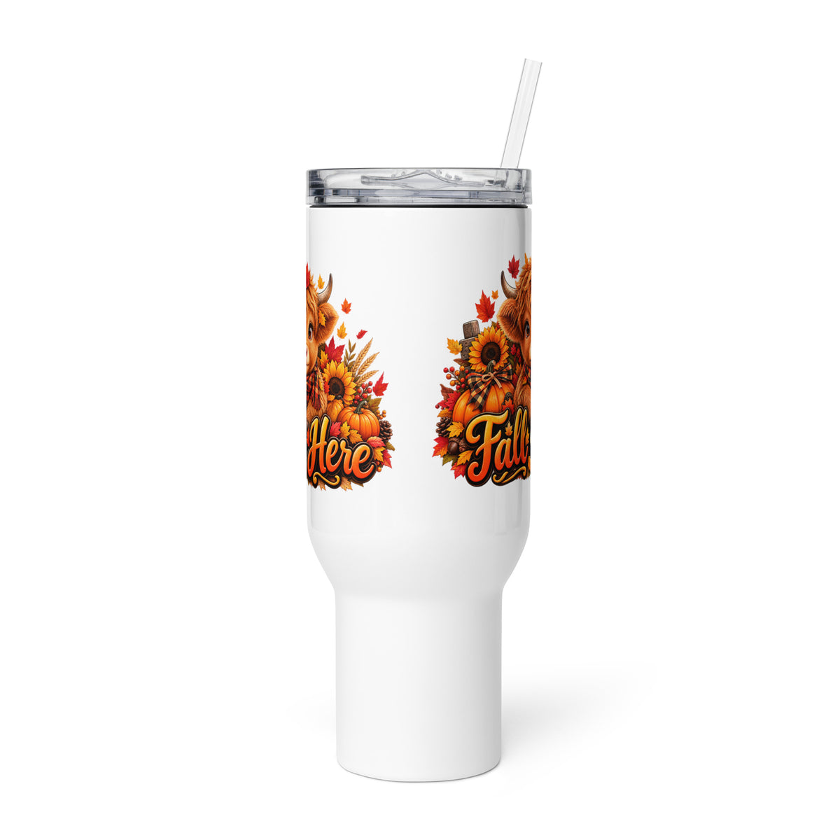 Highland Cow Fall is Here White Travel Mug with Handle - 40 oz (Side View)