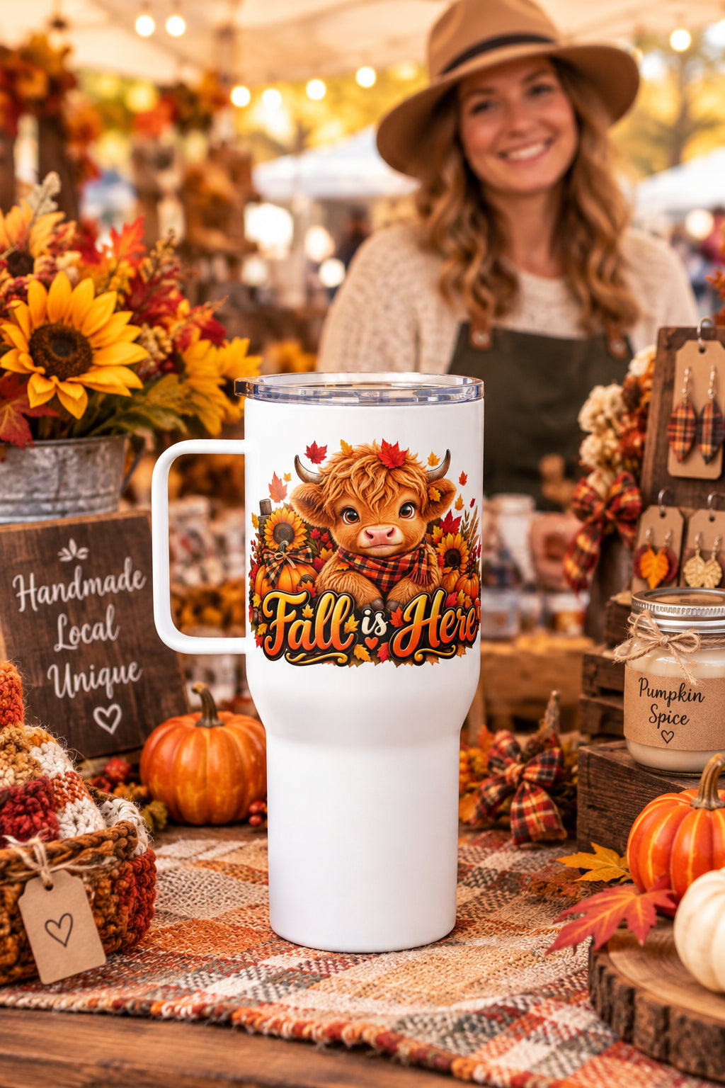 Highland Cow Fall is Here White Travel Mug with Handle 25 oz 