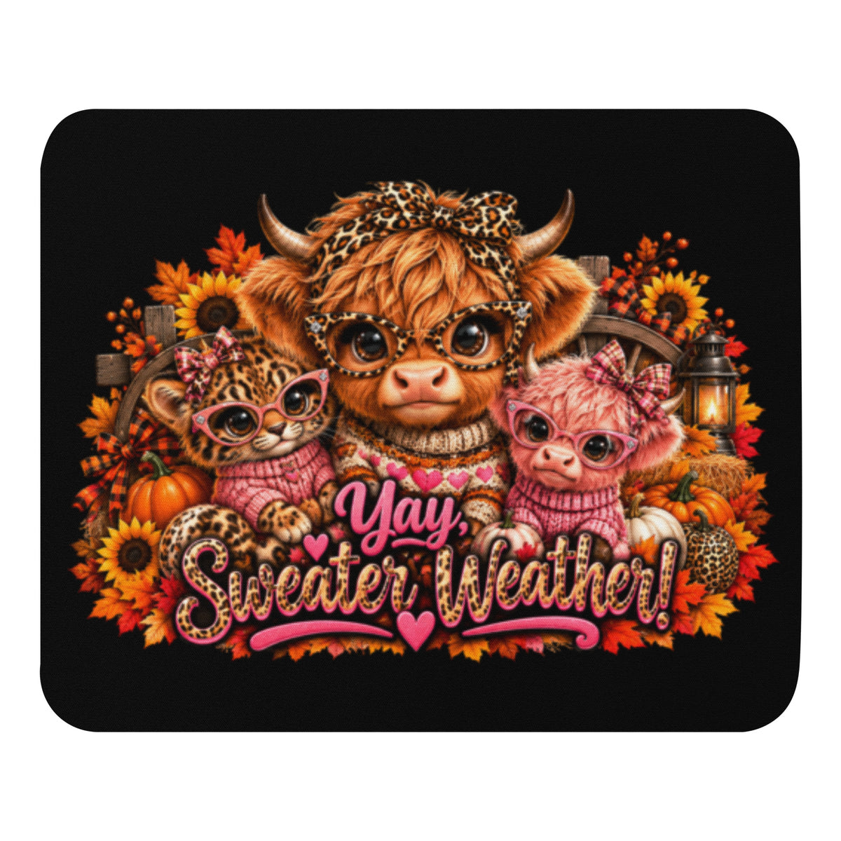 Highland Cow Sweater Weather Black Mouse Pad - Full Front View