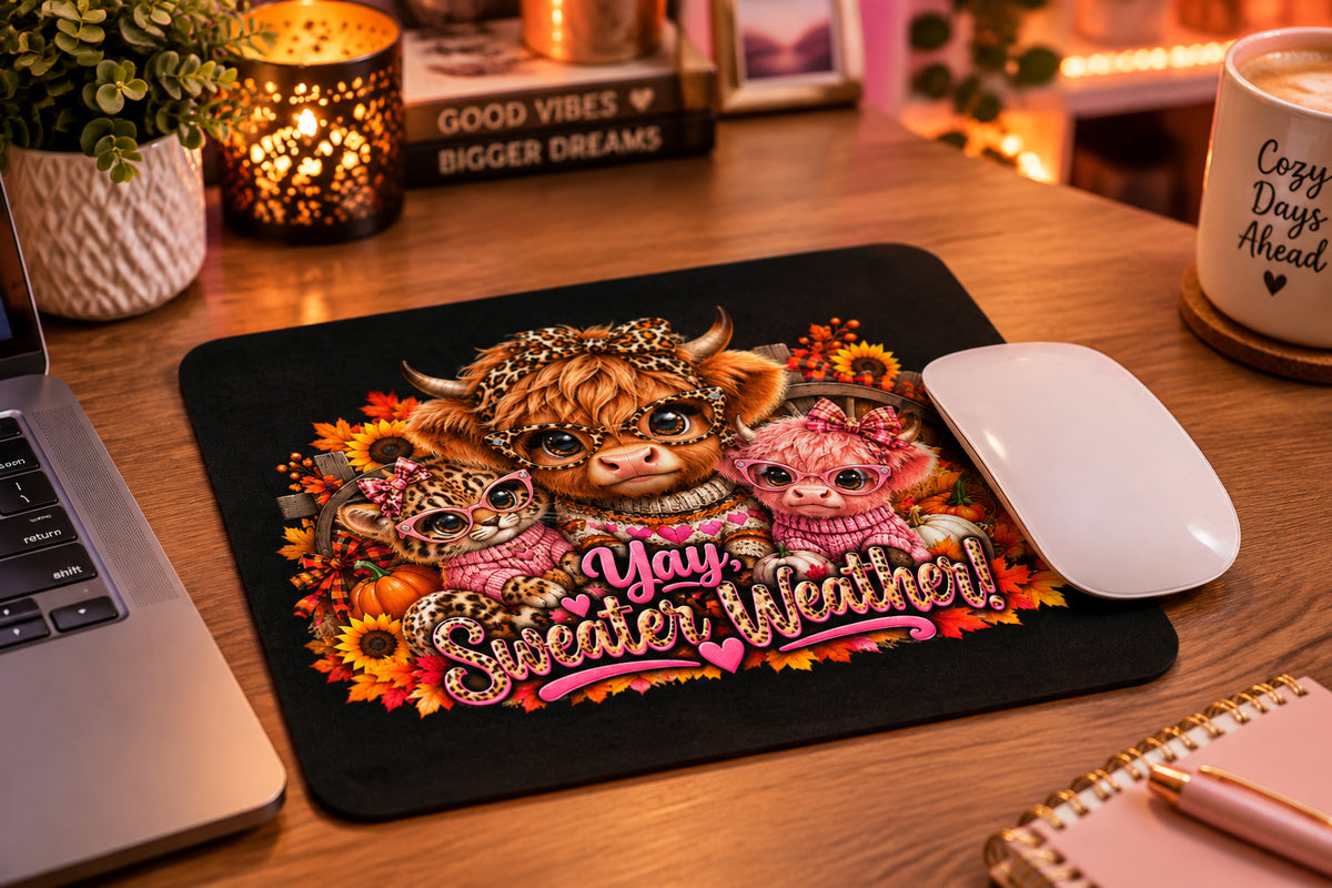 Highland Cow Sweater Weather Black Mouse Pad (Mouse is Not Included)
