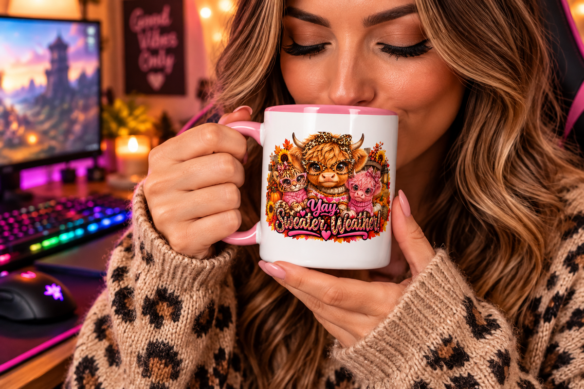 Highland Cow Sweater Weather White Mug with Pink Color Trim 15 oz 