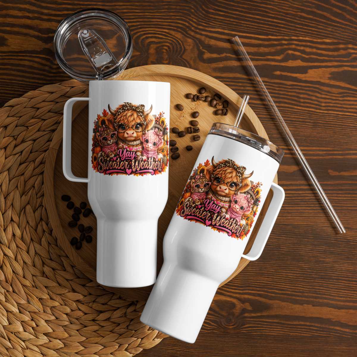 Highland Cow Sweater Weather White Travel Mug with Handle - Product View